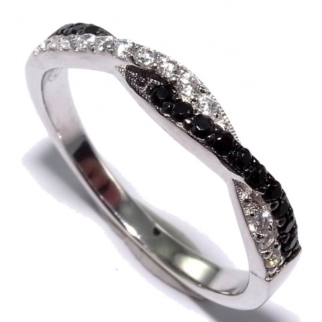 Bague argent rhodié 1,9g T 50 à 60 zircons noirs et blancs