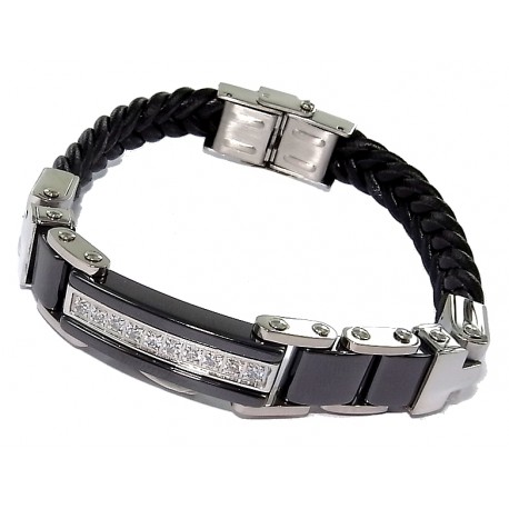 Bracelet acier cuir  20cm avec zircons