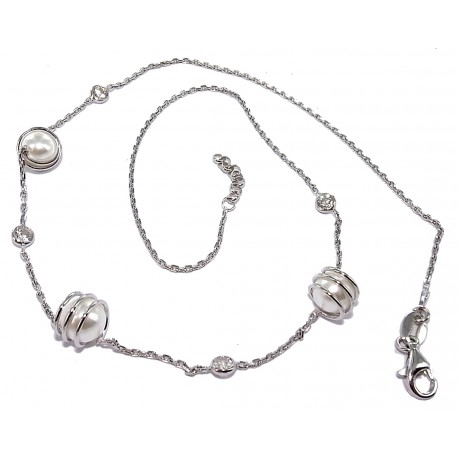 Collier argent 3g rhodié 40+2cm perles imitation et cristal