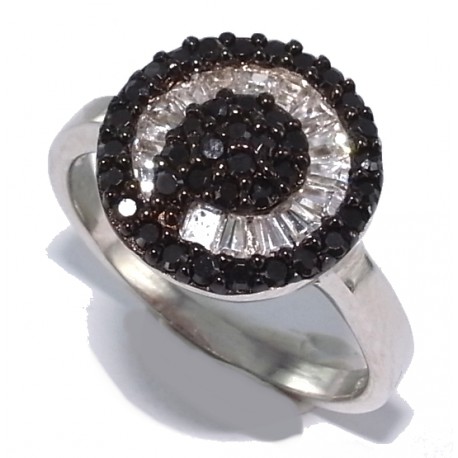 Bague argent rhodiee 2,8g t50 à 60 zircons noirs et blancs