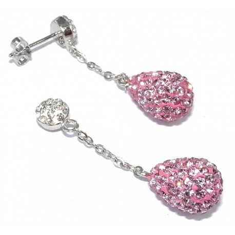 Bo argent rhodié 0,6g goutte strass rose et cristal