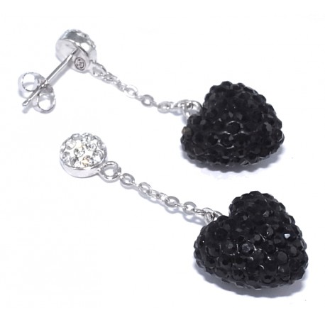 Bo argent rhodié 0,6g coeur strass noir