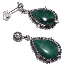 Bo argent boucles oreille argent 3,7g malachite et cristal