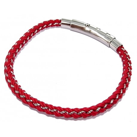 Bracelet acier caoutchouc rouge et cable