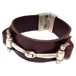 Bracelet cuir marron / mors et cheval métal 18cm