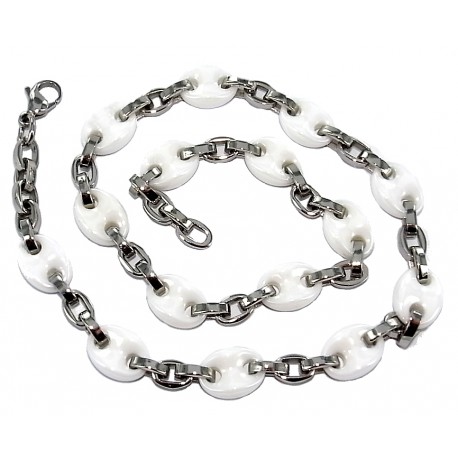 Collier acier et céramique blanche l 316 47cm