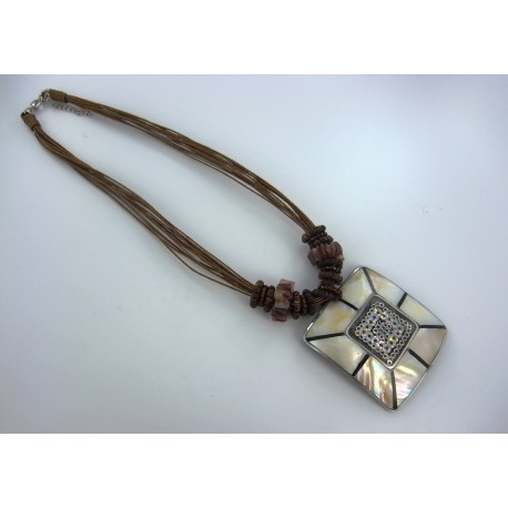 Collier carré aluminium et nacre 45+5cm 12 rangs coton marron