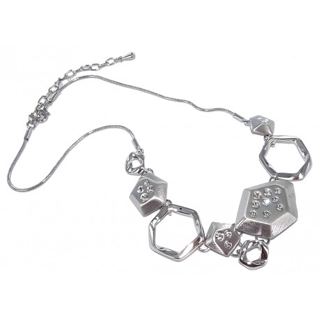 Collier fantaisie argent, brillant et brossé 40+8 cm strass