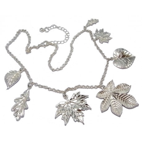 Collier fantaisie argenté 42+5cm feuilles