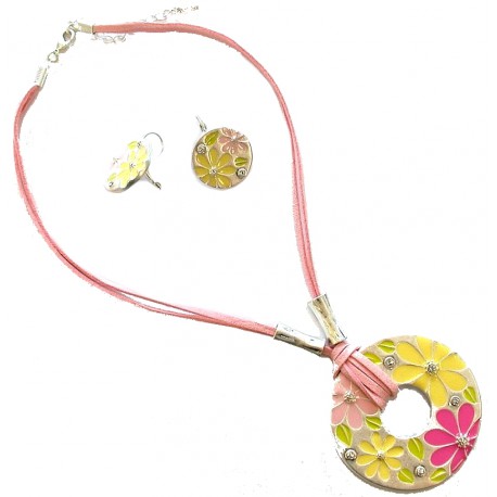 Parure époxy collier 40+5cm +bo rose jaune