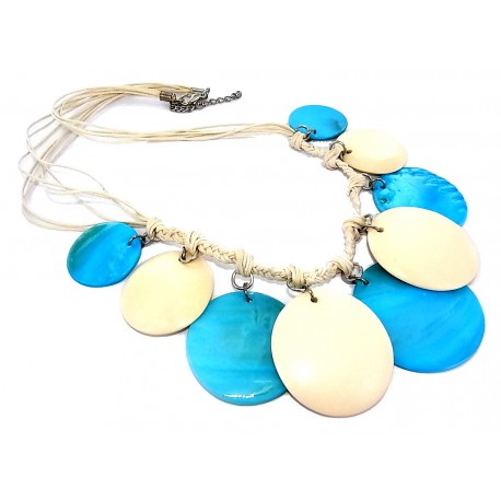 Collier 6 rangs nacre teintée bleue et bois 60+5cm