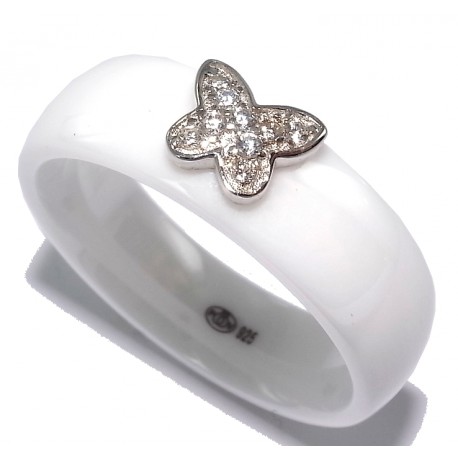 Bague céramique blanche et argent  rhodié 1g "papillon" zircons p. 6mm T 50 à 60