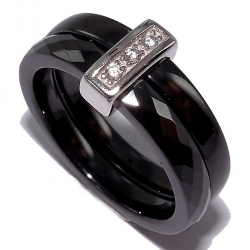 Bague céramique noire et argent  rhodié 1g zircons p. 3+3mm 1 anneau facetté T 50 à 60