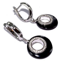 Boucles d'oreille céramique noire et argent  rhodié 2,9g zircons