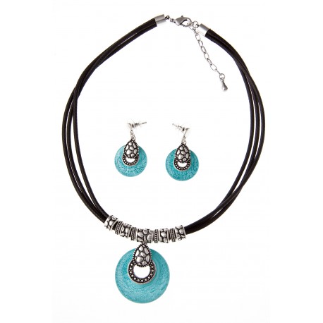 Parure fantaisie collier 42+5 cm résine, corde noire  + boucles d'oreille assort