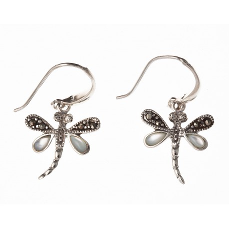 Boucles d'oreille 2,7g "libéllule" marcassite et nacre