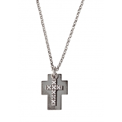 Collier argent rhodié 3,4g croix 2 tons noire et argent zircons 40+2,5cm