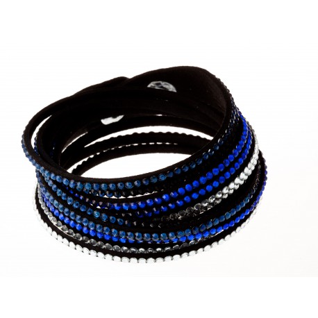 Bracelet fantaisie noir strass blancs et bleus foncés 2 tours - 6 rangs - 40 cm