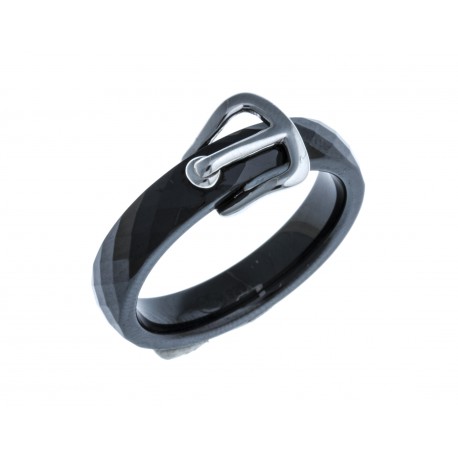 Bague en céramique noire facettée - argent rhodié 0,5g "ceinture"  ép 4mm - T50