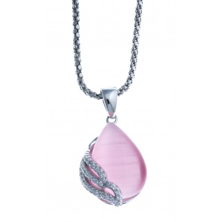 Collier en argent rhodié 4,2g - zircons - il de chat rose - 45 cm