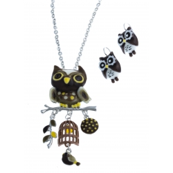 Parure fantaisie - collier  hibou - émail coloré -  52+7 cm + boucles d'oreill