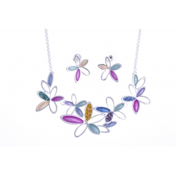 Parure fantaisie "fleurs" - collier époxy multicolore - 41+8 cm + boucles d'orei