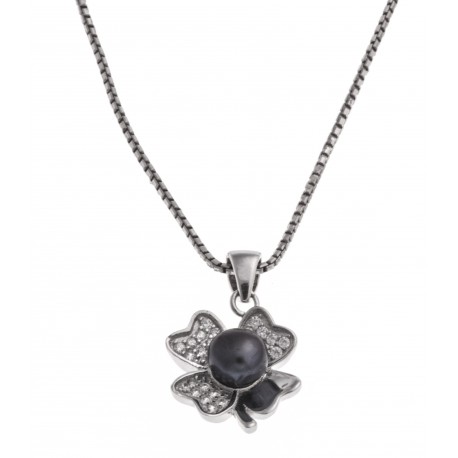 Collier argent rhodié 3,8g - "trèfle" - perle de culture noire - cz - 40 cm