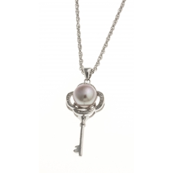 Collier argent rhodié 5,8g - "clé" - perle de culture rose - zircons - 60 cm