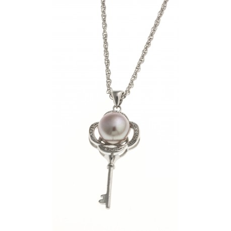 Collier argent rhodié 5,8g - "clé" - perle de culture rose - zircons - 60 cm