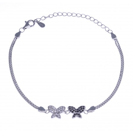 Bracelet argent rhodié 4,1g - "papillons" - zircons blancs et noirs - 1