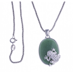 Collier argent rhodié 6,9g - grenouille - aventurine verte - zircons - 45cm