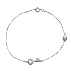 Bracelet argent rhodié 1,6g - la clé de l'amour - zircons - 18,5+1cm