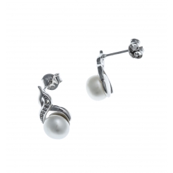 Boucles d'oreille argent rhodié 2,2g - perle véritable blanche - zircons