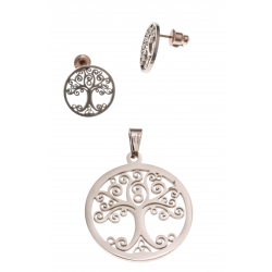 Parure acier rosé arbre de vie - pendentif + boucles d'oreilles assorties