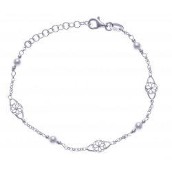 Bracelet argent rhodié 2,3g - perles synthétiques et filigranes - 17+3cm