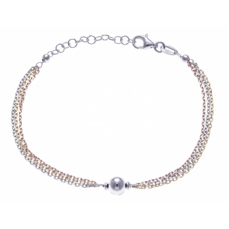 Bracelet argent rodié 3g - 3 tons rosé, doré et rhodié - 3 fils + boule - 17+3cm