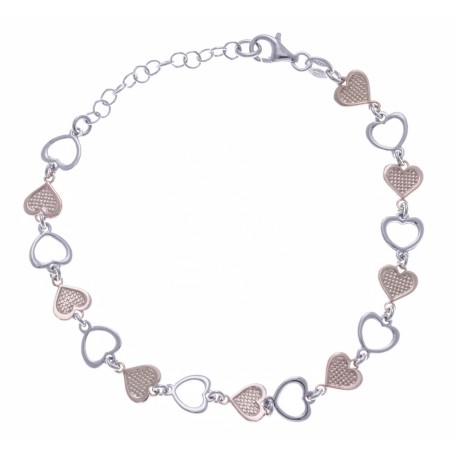 Bracelet argent rhodié 5,4g - 2 tons rhodié et rosé - cœurs - 17+3cm