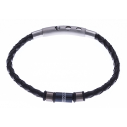 Bracelet acier homme - 2 tons - cuir diam. 4mm - 3 composants - réglable 20-21,5cm