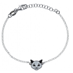 Bracelent argent rhodié 2g - enfant - chat noir et blanc - email - 14+3cm