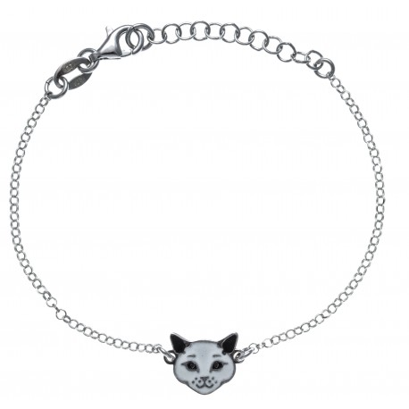 Bracelent argent rhodié 2g - enfant - chat noir et blanc - email - 14+3cm