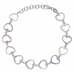 Bracelet argent rhodié 4,5g - 2 tons - rosé et rhodié - cœurs - 17+3cm