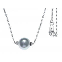 Collier argent rhodié 2,5g - boule nacre grise - zircons - 42+3cm