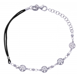 Bracelet argent rhodié 2,5g - arbres de vie - cordon noir - 17+3cm