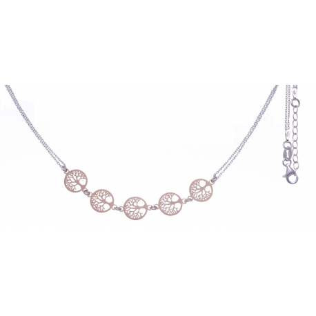 Collier argent rhodié 4g - 2 tons - 2 rangs - 5 arbres de vie - 42+3cm