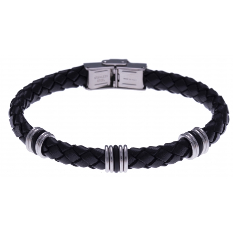 Bracelet acier - cuir tressé noir italien - composants acier - caoutchouc noir -