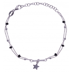 Bracelet argent rhodié 2,7g - 2 fils - étoile - perles noires - 16+4cm