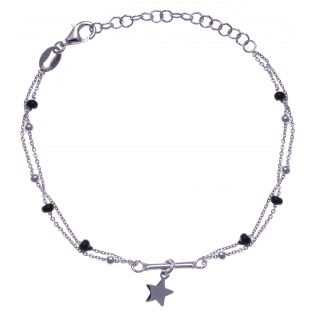 Bracelet argent rhodié 2,7g - 2 fils - étoile - perles noires - 16+4cm