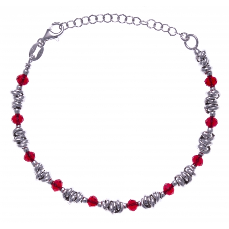 Bracelet argent rhodié 5,8g - perles rouges facettées - 16+4cm