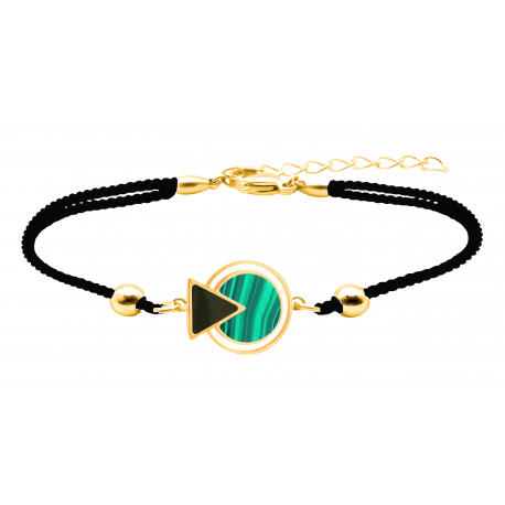 Bracelet coton noir acier doré - Malachite et Onyx - 16 + 4cm