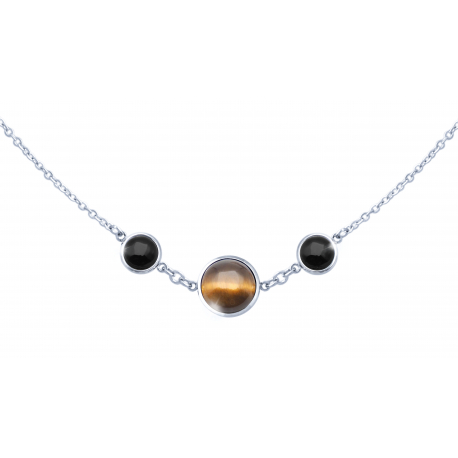 Collier acier 3 cabochons 11 et 8mm - il de tigre et Onyx - 42/45cm